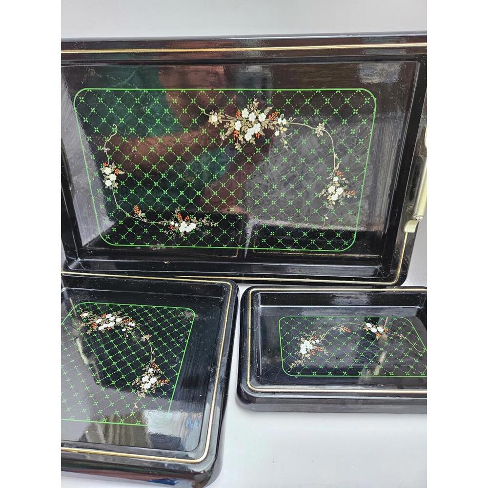 Vintage Hiryu Nesting Trays, Set of 3, Black Lacquerware Stacking Floral